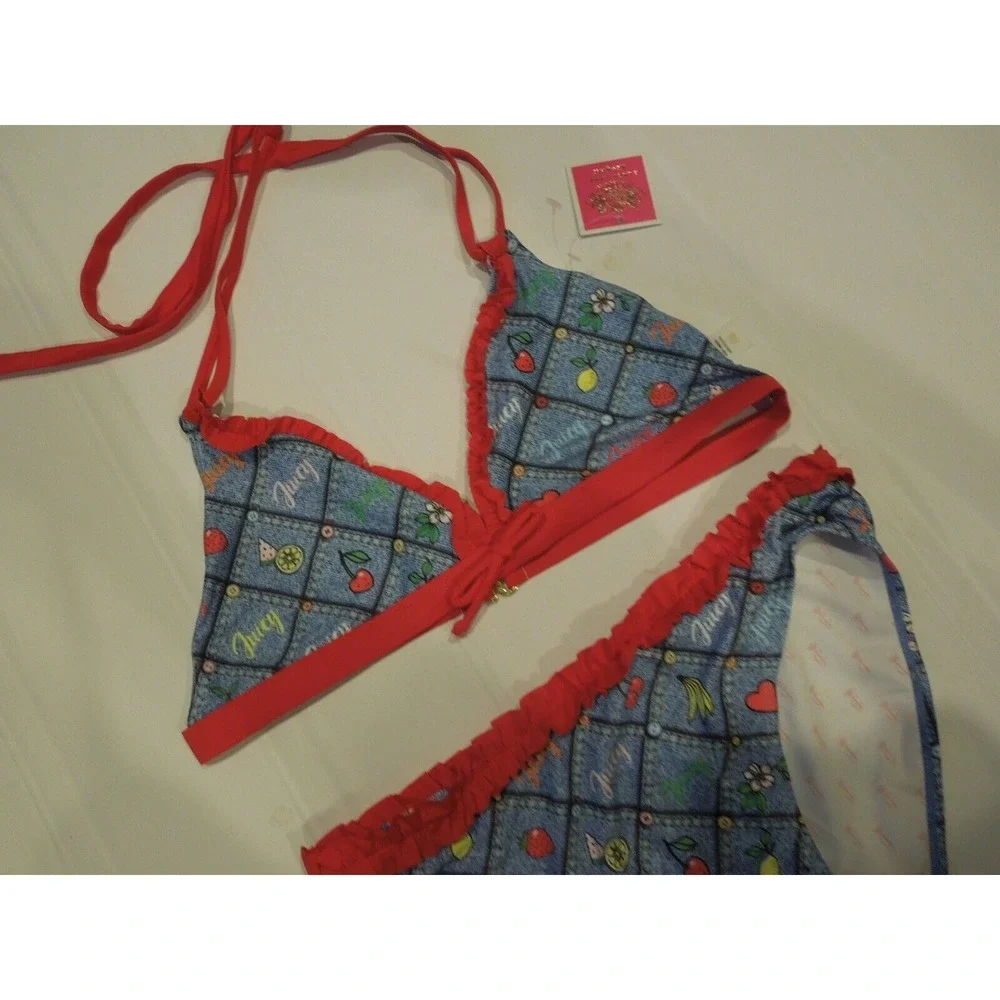 Juicy Couture Girls Printed Bikini Set Swimsuit PATCHWORK‎ DENIM Size 14 NWT